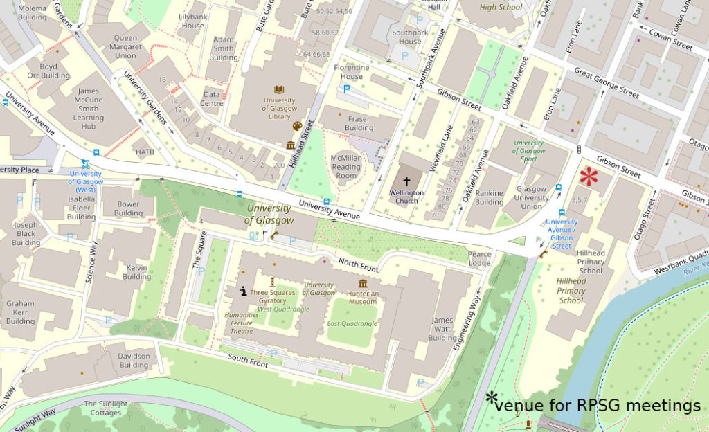 Street map of the area  of the University of Glasgow including the venue for lectures marked with an asterisk at the southeast side of the corner of Gibson Street and University Avenue.